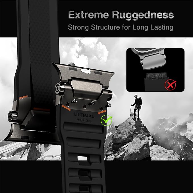 ULTIMAL Rugged Band for Apple Watch Ultra 3/2/1 49mm, Series 11/10/9/8/7/6/5/4 SE 46mm/45mm/44mm, Waterproof, Soft TPU Strap with Stainless Steel Buckle & Connectors, Sweat-Resistant, Easy to Clean, Fits 155-225mm Wrist (Black/Gray)