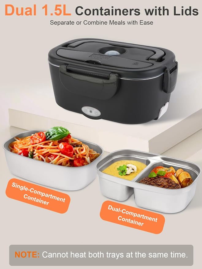 SOHIDA Electric Lunch Box, 80W Fast Heated Lunchbox for Adults, Dual 1.5L 304 Stainless Steel Portable Food Warmer for Car/Truck/Work, 12/24/110V Lonchera Eléctrica Portátil