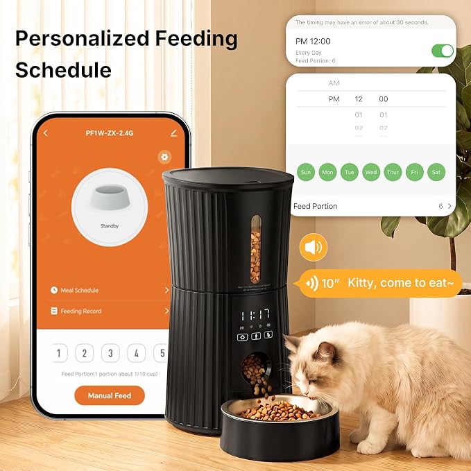 NEWBULIG 4L Automatic Cat Feeder with APP Control, 2.4G WiFi Timed Pet Feeders for Dry Food, 10 Meals/Day, 50 Portions/Meal, Dog Food Dispenser with 10s Voice Recorder, Dual Power Supply, Black