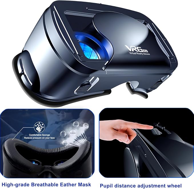 3D VR Headset, Virtual Reality Glasses Headset Helmets, Compatible with 5.0-7.0 inch with Controller, for Mobile Games & Movies(Black)