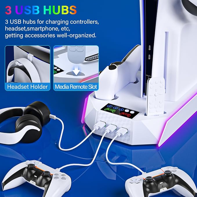 PS5 / PS5 Slim Cooling Station with Controller Charging Station - LED Light Cooling Stand for Playstation 5 Slim Disc/Digital Console, Accessories Incl RGB Light/Cooler Fan/3 USB Hubs/Headset Holder