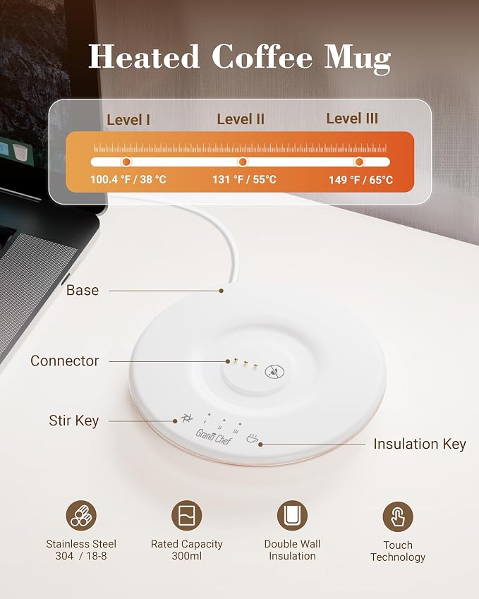 Self-Heating Coffee Mug, Coffee Mug with Self Stirring&Fast Heating, 10oz Temperature Controlled Coffee Cup Warmer, Heated for Tea/Coffee at Office/Kitchen/Travel, with Reusable Coffee Dripper, White