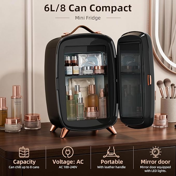 Antarctic Star 6L/8 Cans Makeup Mini Refrigerator with Dimmable LED Light Mirror for Bedroom, Car, Office & Dorm,Portable Small Cooler for Cosmetics,Skin Care,BLACK