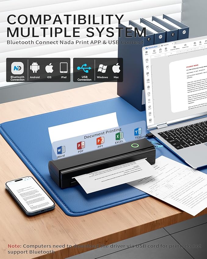Portable Printers Wireless for Travel, N80 Wireless Thermal Printer Bluetooth Inkless Printer Support 8.5" X 11" US Letter & A4, Compatible with iOS, Laptop, Android