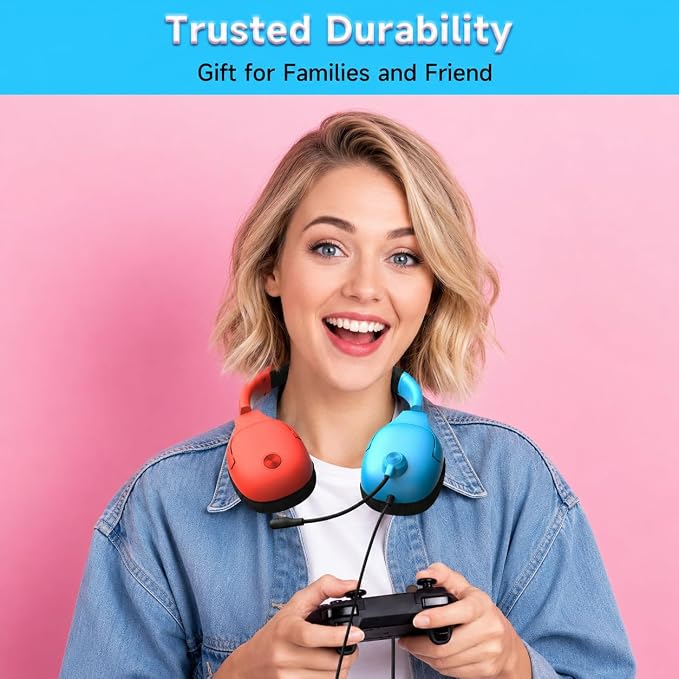 AOC Gaming Headset for Nintendo Switch 2/OLED/Lite, Wired Gaming Headphones with Mic, 3.5mm Stereo Gaming Headset with Noise Cancelling Microphone for PS5, PC, Fortnite(Red/Blue)