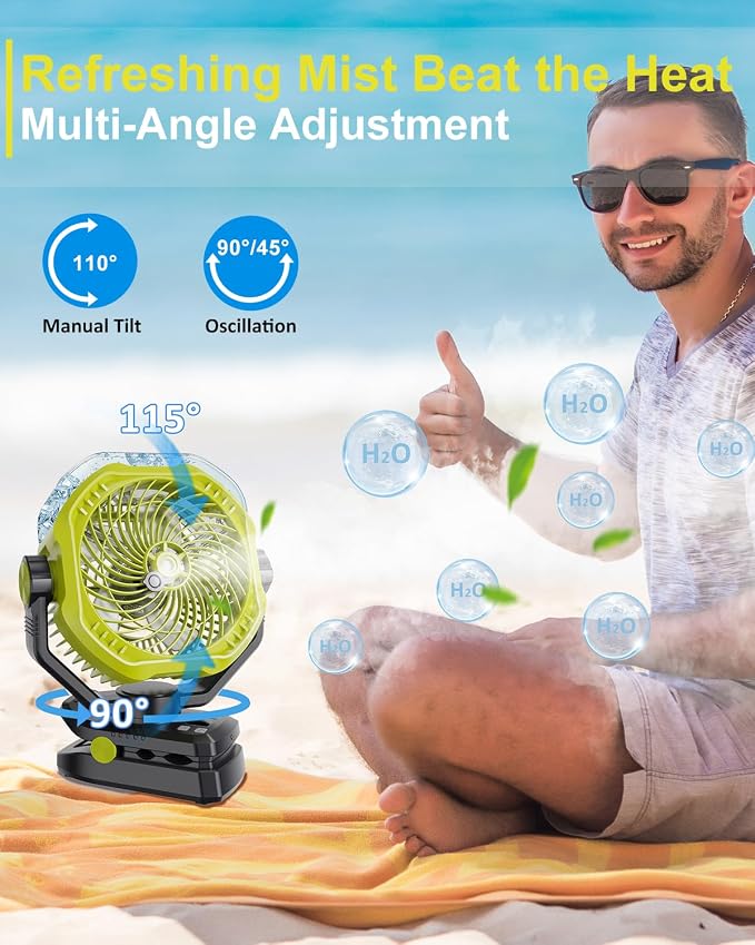 Portable Rechargeable Misting Fan with 12oz Mist, Battery Life Display, Remote, Timer, Light, 5 Speeds, 9-Inch, 10000mAh 60H Battery Powered Clip Fan for Stroller, Travel, Outdoor, Poweroutage