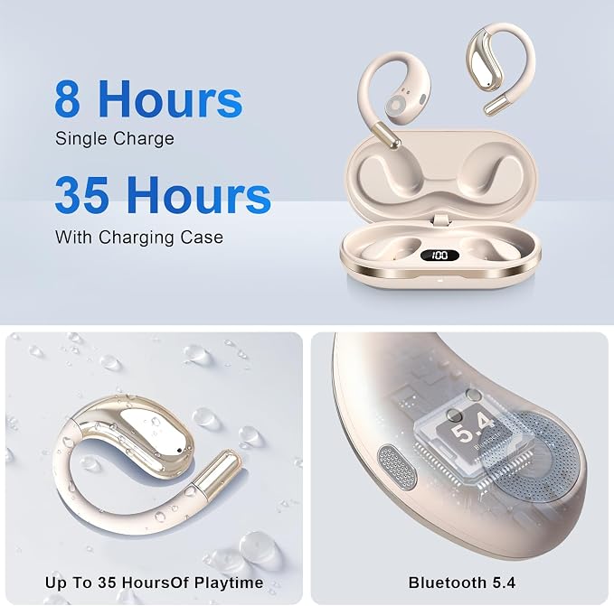Open Ear Clip Wireless Earbuds Bone Conduction Headphones, Bluetooth 5.4, Open Ear Design for Running Fitness,IPX7 Waterproof,Office，Built-in Mic, Ear Hooks Ear Buds,Running,Workout ，Fit Cycling﻿