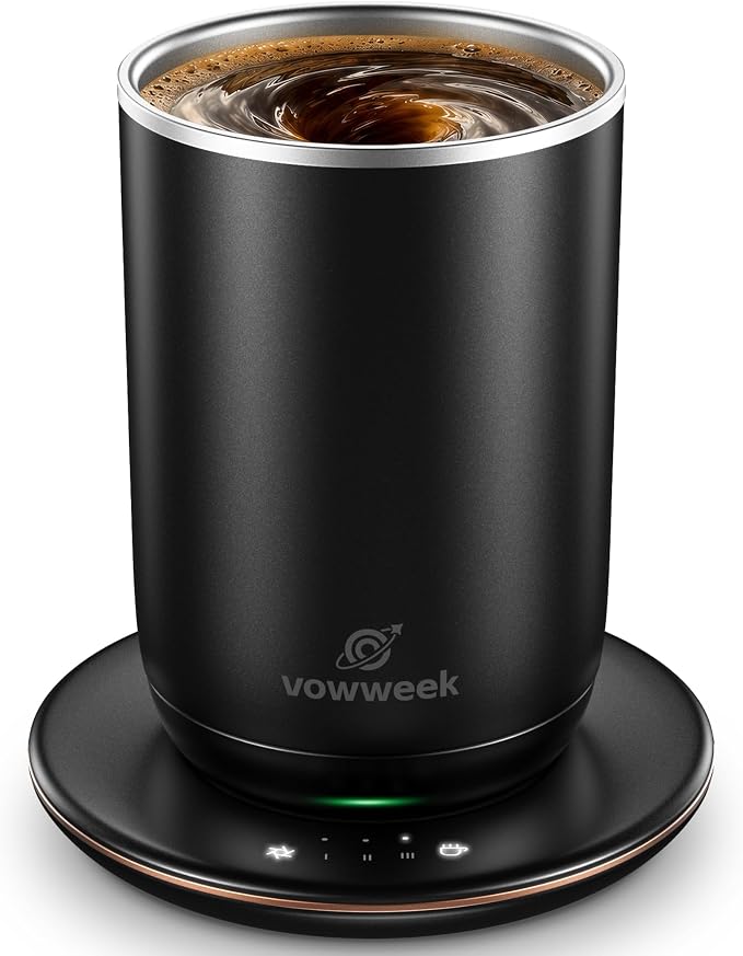 Self Stirring Heated Coffee Mug, 10 oz Auto Magnetic Mixing Cup, Black | 304 stainless steel interior. Includes 3 heat settings, 8H auto shut-off, plug-in base for home office desk