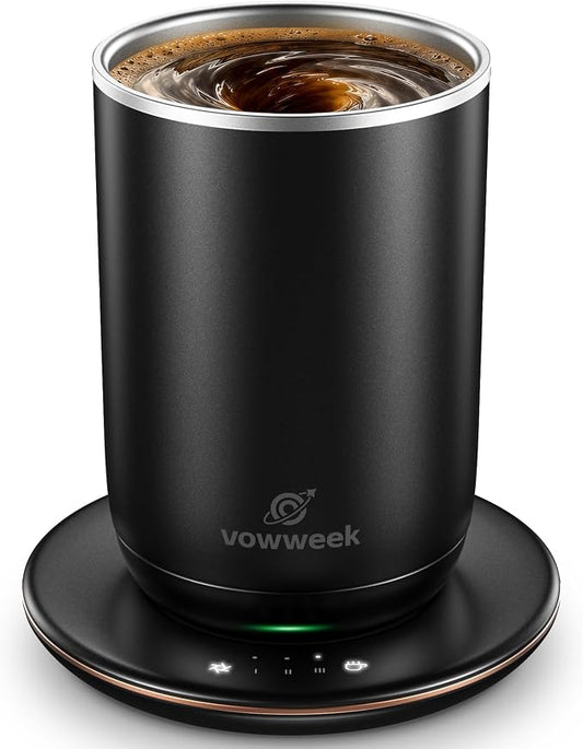 Self Stirring Heated Coffee Mug, 10 oz Auto Magnetic Mixing Cup, Black | 304 stainless steel interior. Includes 3 heat settings, 8H auto shut-off, plug-in base for home office desk