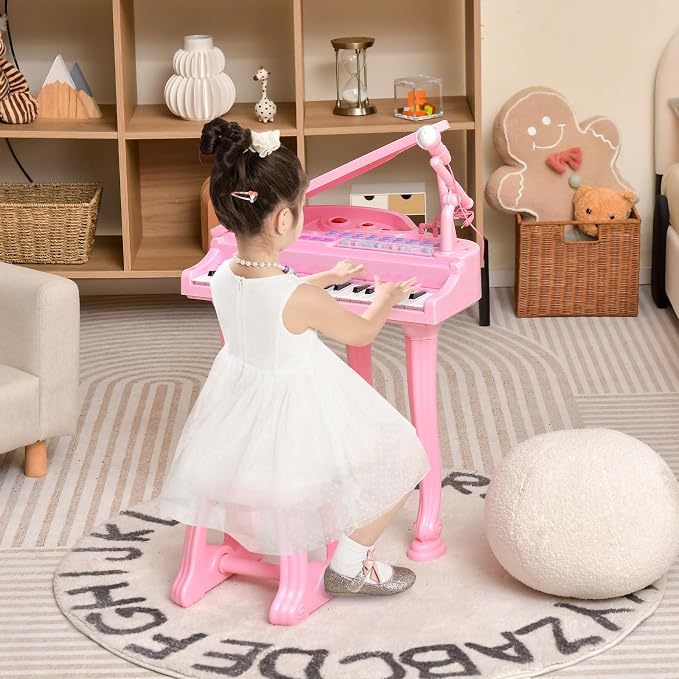 Costzon Kids Piano, 31 Key Mini Grand Piano Toy Keyboard with Microphone, Stool & Lights, Portable Electronic Piano Educational Musical Instrument Toy, Birthday Gift for Toddler Boys Girls (Pink)