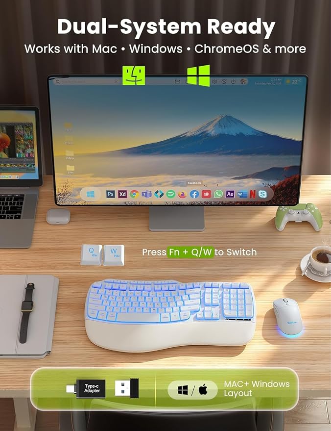 SABLUTE White Wireless Keyboard and Mouse Combo, Light up Ergonomic Keyboard Set, 2.4G Full Size Ergo Wave Key Board with Cushioned Plam Rest, Silent Mouse, for Computer/Laptop/Windows/Mac