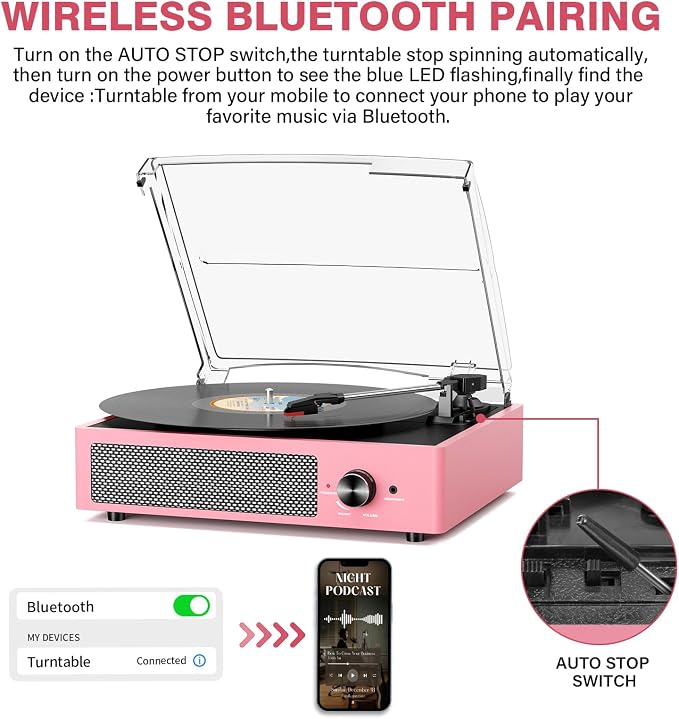Vinyl Record Player with 2 Stereo Speakers Belt-Driven Vintage Turntables 3 Speed 3 Size Wireless Bluetooth Playback AUX-in RCA Out Headphone LP Vinyl Players Auto Stop Dusty Rose