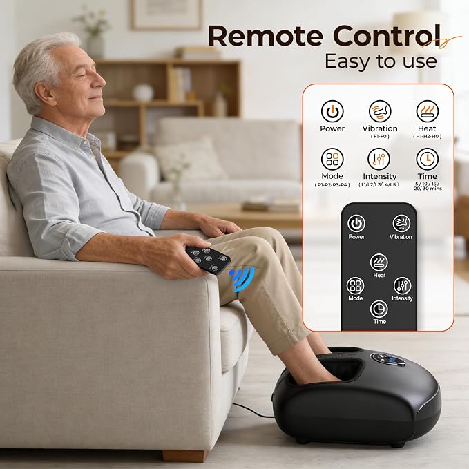 Foot Massager with Heat, 4 Modes & Vibration & Compression & Rolling for Feet Toes Relief, Electric Shiatsu Foot Massager with Remote, Fits Up to Men's Size 13, Gift for Women Men Father's Day