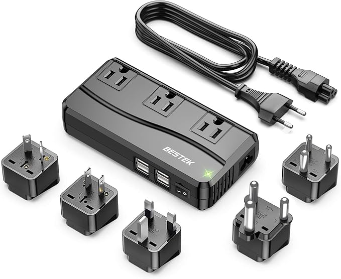 BESTEK 250W Power Converter 3-Outlet and 4-Port USB Travel Voltage Transformer 220V to 110V with Type G/D/M/AU/US Travel Plug Adapters