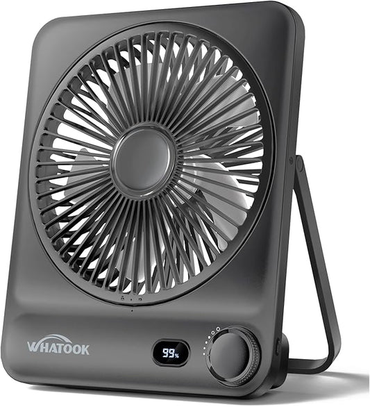 WHATOOK Large Travel Desk Fan: 10000mAh Battery 40 Hours Runtime Silent Rechargeable Fans, Quite Personal Portable Fan for Camping Bedroom Office Small Desktop fan (8.3 * 7.1inch Black)