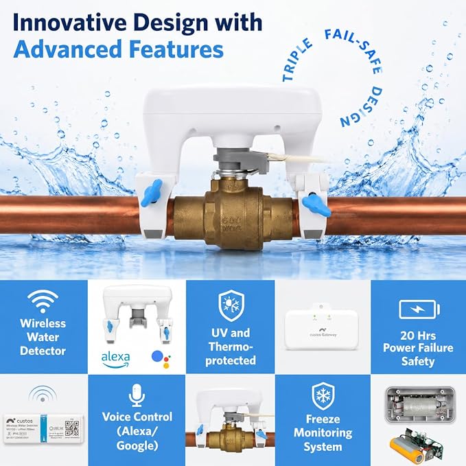 CUSTOS/Firebot DIY Automatic Water Shut Off Valve Control, LoRa Water Leak Detection Device Kit with 3 WiFi Water Leak Sensor, WiFi Water Shutoff Valve with Battery Backup