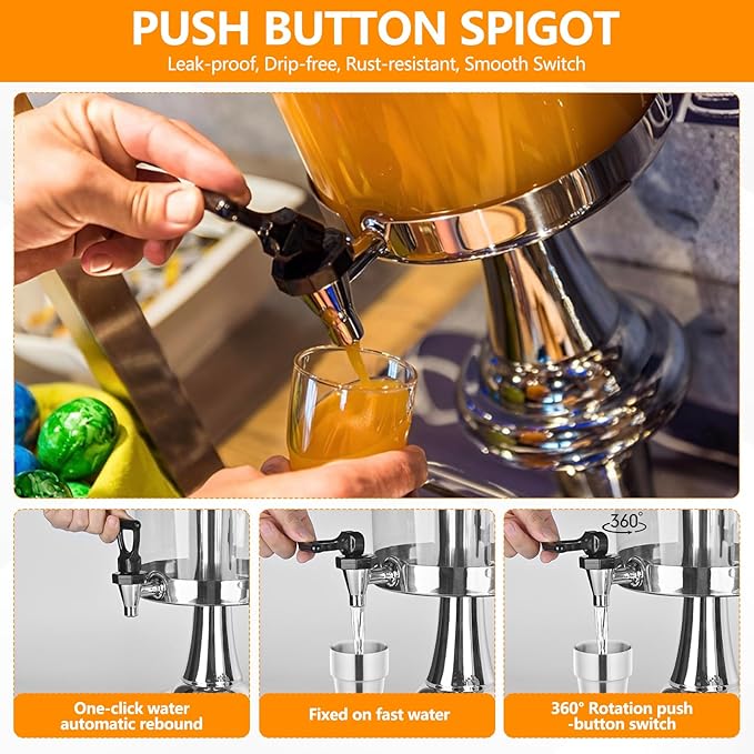 Drink Dispenser with Stand, 4.2 Gallon Beverage Dispenser for Parties, Stainless Steel Dual-Head Juice Dispenser with Centre Ice Core and Drip Trays for Parties, Buffet Cafeterias, Homes