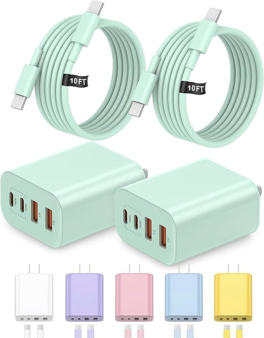 40W USB C Charger Block, iPhone 17 16 15 Charger Fast Charging,2-Pack 4-Port Fast Charging Block with 10FT Type C Cable Multiport Power Block for iPhone Air/iPhone17/16/15 Pro Max/iPad/Samsung(Green)