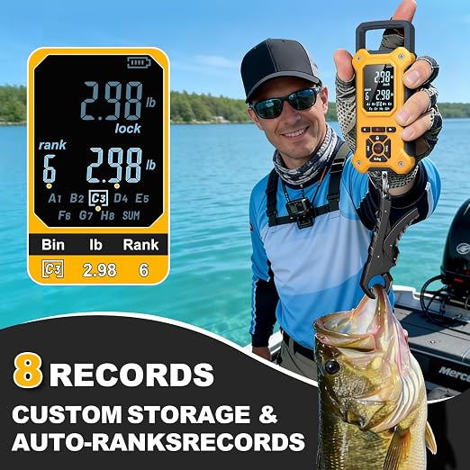 SNAIL TRAIL 8 Storage Bins 50 lbs Digital Fish Weighing Scale & 4.6'' Lip Gripper, Bass Fishing Tournament Culling, Hand Held Travel Items, Electronic Hanging Weight Machine for Luggage, Suitcase, Bag