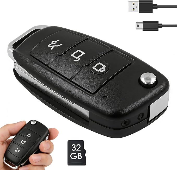 Hidden Camera No WiFi Needed 1080P FHD Portable Spy Nanny Cam with 32GB SD Card Key Fob Camera Night Vision Car Key Cameras No Audio