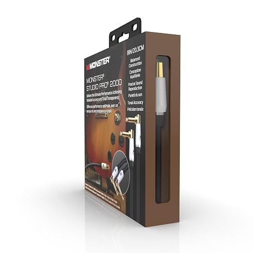 Monster Prolink Studio Pro 2000 Instrument Cable, 8 in Straight to Straight Guitar Cable Cord, 95% Copper Braided Shielding, Duraflex Jacket, 24k Gold Contact TS Connectors
