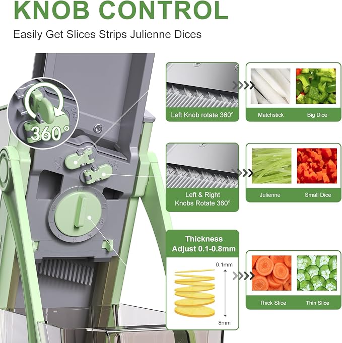 Jonscook All-in-1 Update Safe Mandoline Slicer for Kitchen, Food Chopper with Container, Thickness Adjustable Vegetable Chopper, Potato French Fry Cutter Tomato Apple Slicer Onion (Matcha Green)