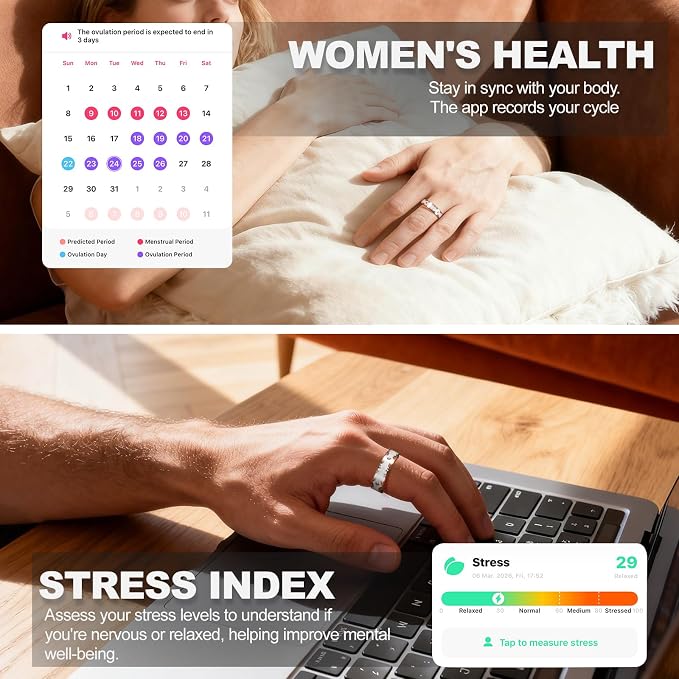 Smart Ring for Women and Men - IP68 Waterproof Health Tracker Ring with Heart Rate, Step Counting, Sleep Monitoring, No Subscription Fee for iPhone/Android, White 9#
