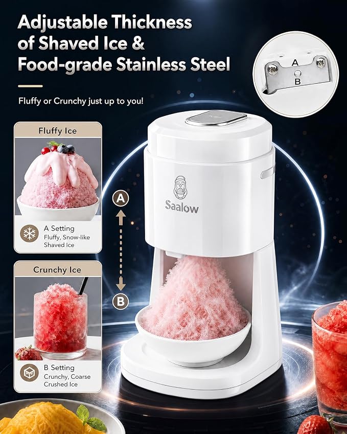 Electric Shaved Ice Machine, Professional Snow Cone Maker with Adjustable Thickness Settings, High-Efficiency 135W Motor, Portable Ice Crusher for Fluffy Ice & Slushies, Includes 2 Ice Molds