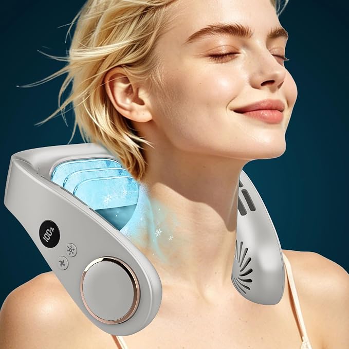 FWV Portable Neck Fans with Cooling Plate, 5500mAh 3-24H Lasting, Whisper Quiet 30dB, USB-C Rechargeable Necklace Fan, LED for Battery&Speed, Personal Mini AC Device for Outdoors Walking Workout Gray
