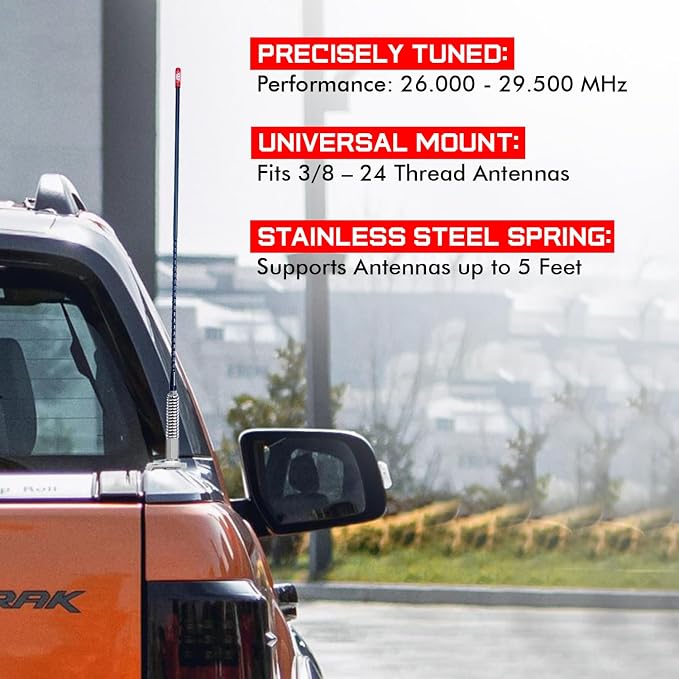 Prostick Fiberglass CB Antenna with Single Groove Mirror Mount & Stainless Steel Spring - 1000 Watt Durable Radio Antenna, Studs, Heavy Duty Springs – 2 Foot Antenna in Black Color