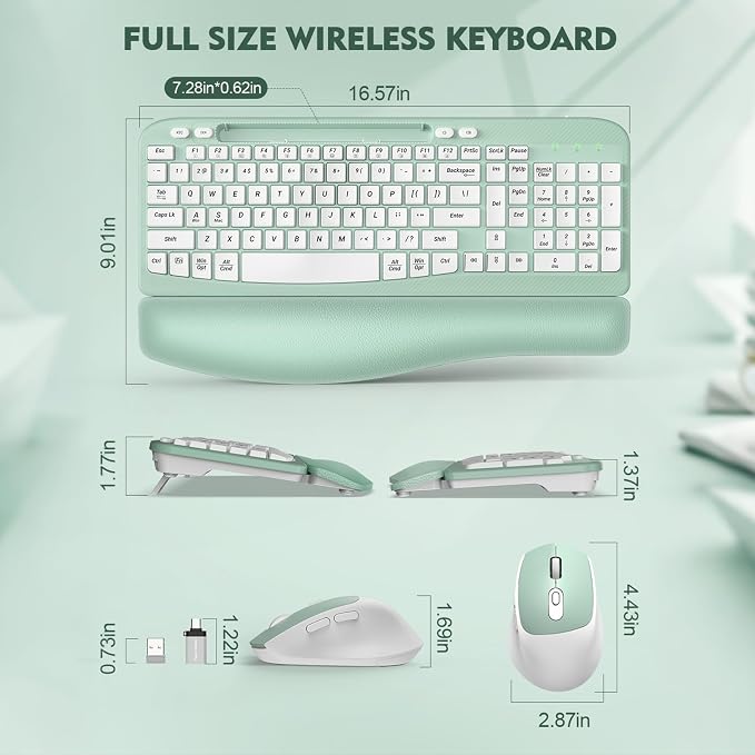 Wireless Keyboard and Mouse Combo, Full-Sized Ergonomic Wave Keys Keyboard with Memory Foam Wrist Rest & Phone Holder, 2.4G Quiet Keyboard Mouse Work Setup for PC Laptop, Office or Home (Mint Green)