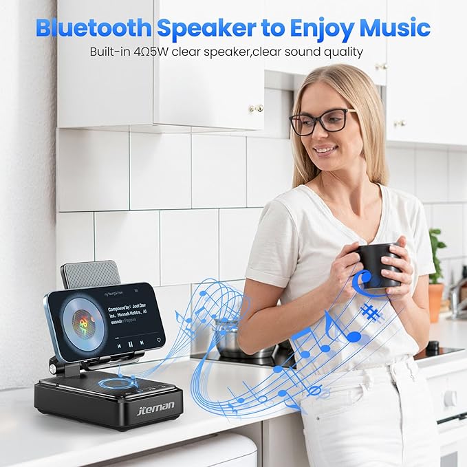 Jteman Cell Phone Stand with Bluetooth Speaker and Wireless Charger, Desktop Charging Station Stand Speaker for iPhone, Christmas Birthday Gift for Men Women (Black)