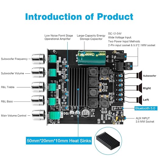 ZK-TB21 Bluetooth 5.0 50W+50W+100W 2.1 Channel Subwoofer Amplifier Board TPA3116D2 HiFi Treble and Bass Control Stereo Digital Audio Amp Board for Home Theater DIY Speakers