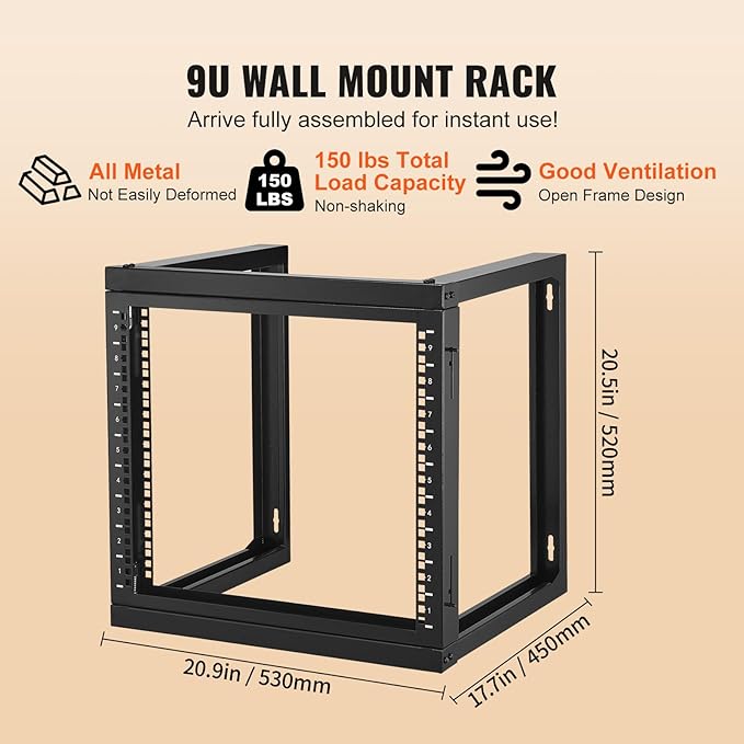 VEVOR 9U Server Rack, Wall Mount Network Rack for 19 Inch IT & AV Equipment, Open Frame 18" Deep 150 lbs Max Load Capacity