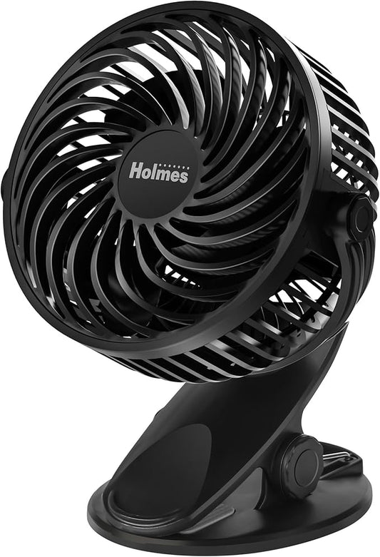Holmes 4” On-The-Go Personal Fan with Clip – 3 Speed Settings, 360° Rotation, Rechargeable Battery, USB-C Charging, Compact & Portable Design, Black – Ideal for Desks & Personal Spaces