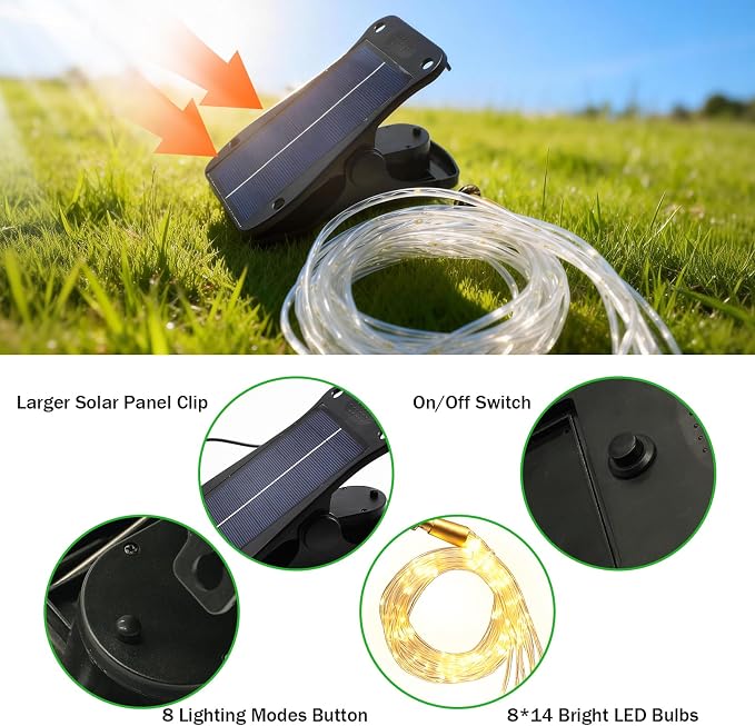 Patio Umbrella Solar Lights with 8 Lighting Modes - Upgraded Larger Solar Panel Clip 5V 152 LEDs Umbrella Lights Outdoor Waterproof for Patio Beach Tent Camping Garden Decor, Warm White
