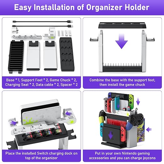 Switch Game Storage with Controller Charger for Nintendo Switch & OLED Model (Designed for Splatoon 3), Switch Charging Dock Charges 6 Joycons, Gaming Accessories Holder Switch Gift Card Organizer