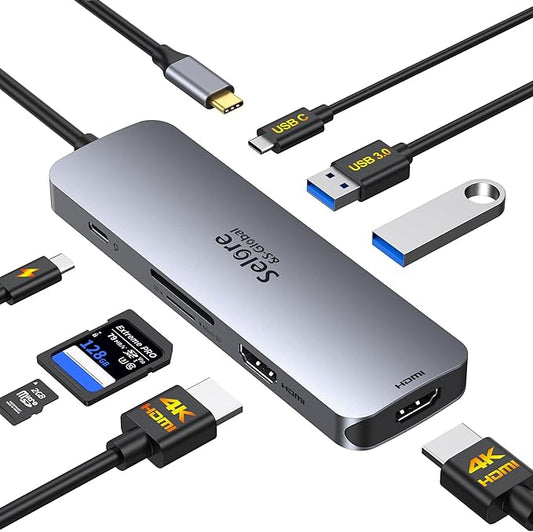 USB C Docking Station Dual HDMI Monitor, USB C to Dual HDMI Adapter with 2HDMI Ports, PD Charging, SD/microSD, USB A&C 3.0 Ports, Laptop Docking Station for Dell XPS/HP/Lenovo/Surface/Yoga etc