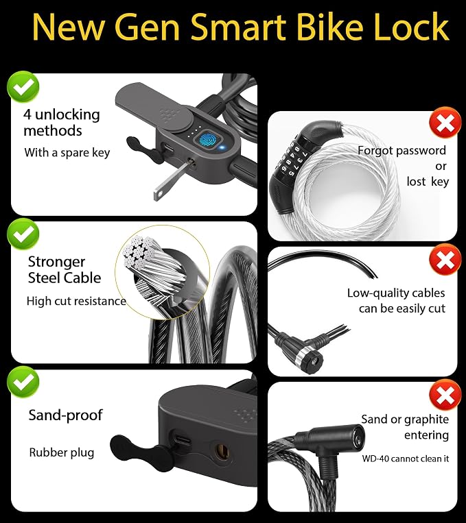 Fingerprint Bike Cable Lock, eLinkSmart 59'' Waterproof Heavy Duty Electric Smart Cable Lock with Key App iWatch Unlock for Bicycle Scooter Motorcycle Door Fence Gate Phone