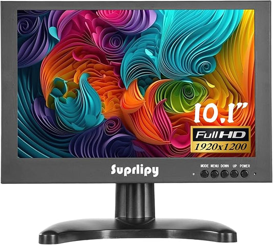 10.1 Inch Mini Small HDMI Monitor 1920x1200 16:10 IPS Metal Housing LCD Color Display Screen Support HDMI/VGA/AV/BNC Earphone Input Built-in Dual Speakers for PC Security CCTV Camera RasPi