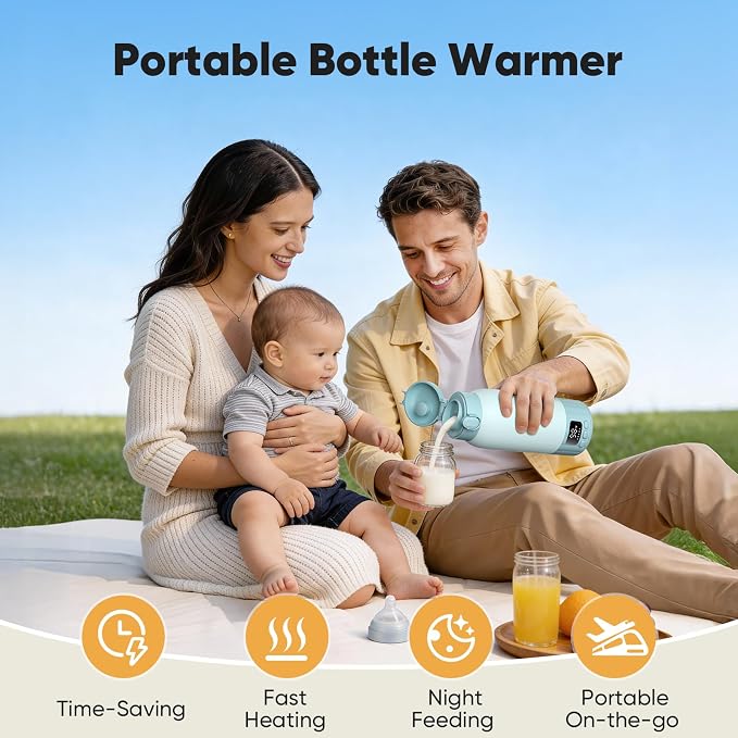 Portable Bottle Warmer for Travel, Fast Heating Milk Warmer On The Go, 17 OZ Water Warmer for Milk, Formula, Water, Temp Control 98°F -131°F, Baby Essentials for Outdoor Airplane Car Journey