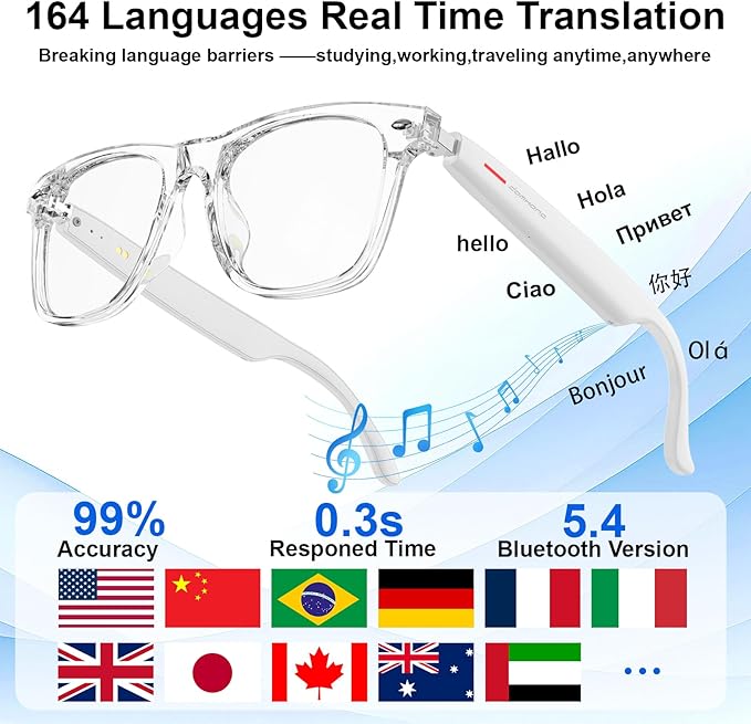 Smart Glasses for Women and Men with Chat GPT, Bluetooth Translation Glasses with 164 Languages, Open Ear Audio with Mic & Speakers, Hands-Free Calls, UV Protection & Anti-Blue Light