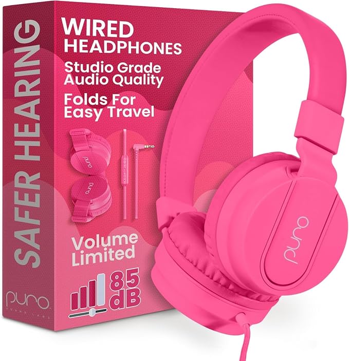 Puro Sound Labs Kids Wired Headphones – Volume-Limiting & Adjustable, Safer & Comfortable Headphones for Kids – Compatible with PCs, Smartphones & Tablets, Ideal for School & Travel – PuroBasic, Pink