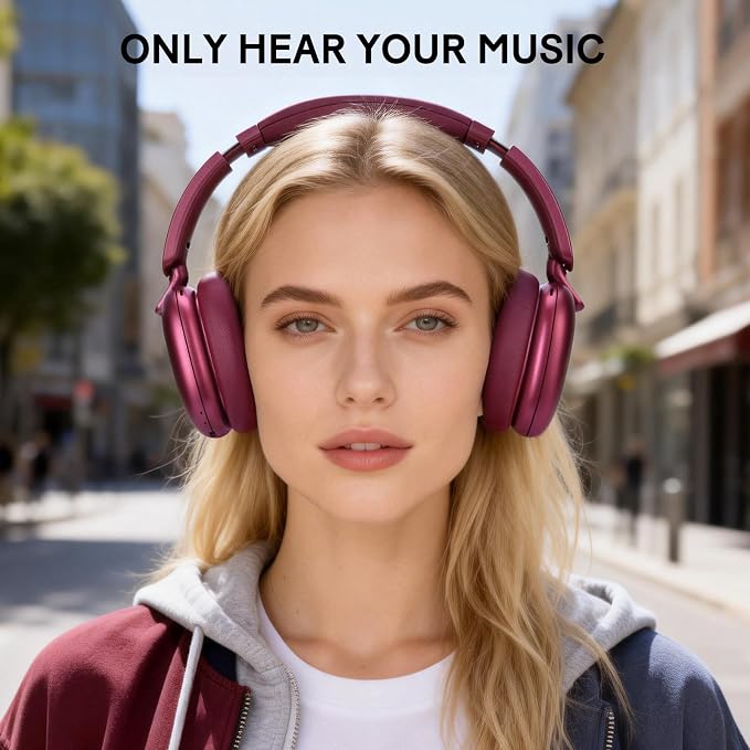 C6 Active Noise Cancelling Headphones, Wireless Over Ear Bluetooth Headphones, 60H Playtime, Lightweight Folding Deep Bass Comfort Fit Ear Cups Headset with Mic for iPad/Travel/PC/Home Red