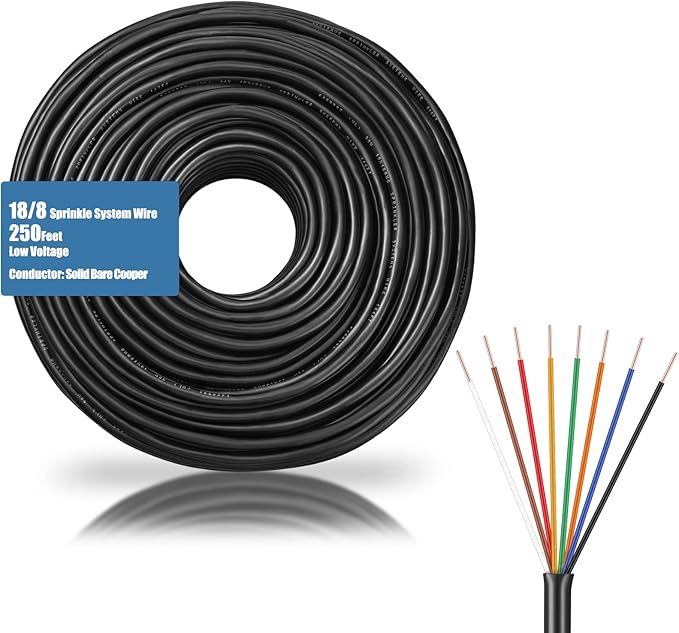 Hoolerry Solid Sprinkler System Wire 18 Gauge Irrigation Wire with UV Resistant PVC Jacket Sprinkler Cable for Underground Irrigation Field Central Control System 30v Ul Listed(18/8, 250 Ft)