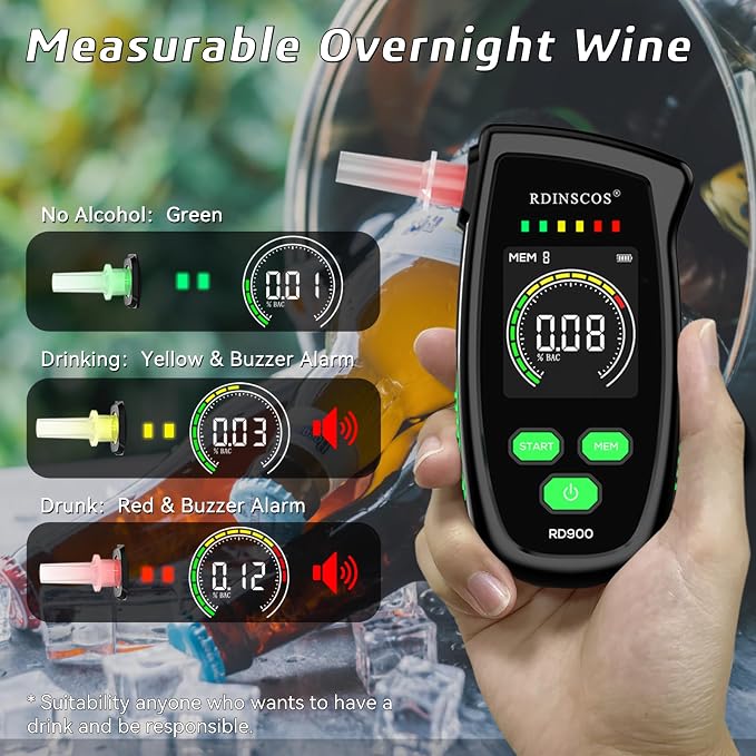 RDINSCOS Breathalyzer Rechargeable Portable Alcohol Tester | Large Color LCD Display, Includes 5 Mouthpieces, Personal & Professional Use