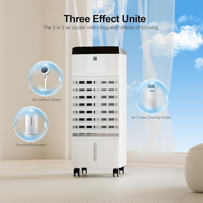 Uthfy Portable Air Conditioners, 3 IN 1 Evaporative Air Cooler with Detachable Water Tank, 6 Ice Packs, 12H Timer, 120° Oscillation, Remote, 3 Speeds, 4 Modes, Swamp Cooler for Bedroom, Milky White