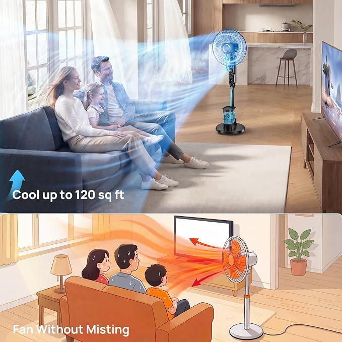 Misting Fan, 16'' Standing Fan with Humidifier, Oscillating Fan with 9 Speeds 7H Timer, Fan for Bedroom, Pedestal Fan Indoor Only - 2026 Upgraded