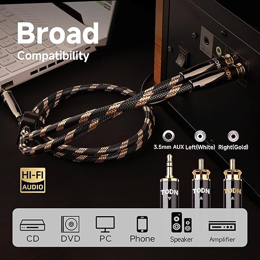 TODN RCA to 3.5mm Audio Cable for Audiophile with Upgraded OCC-Core, Dual Shielded Aux to RCA Cable for Smartphone/Tablets to Speaker/Amps (3ft/1m)