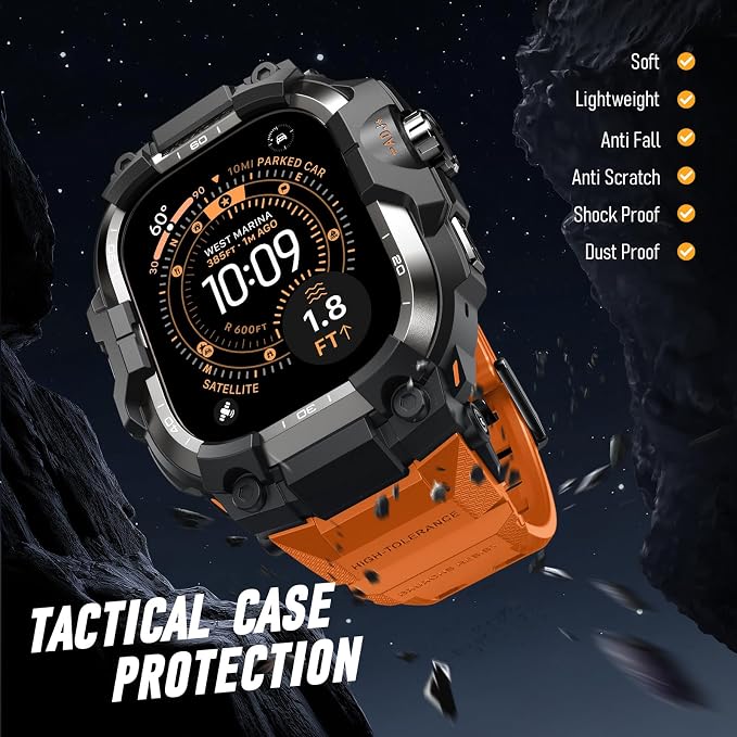 BXUXOHS Rugged Case and Band for Apple Watch Ultra 3/2/1 49mm Men, Military Grade Shockproof Bumper Cover, with 2 Pack Screen Protector, Tactical Band Case for iWatch Ultra 3 2 1 Man, Orange